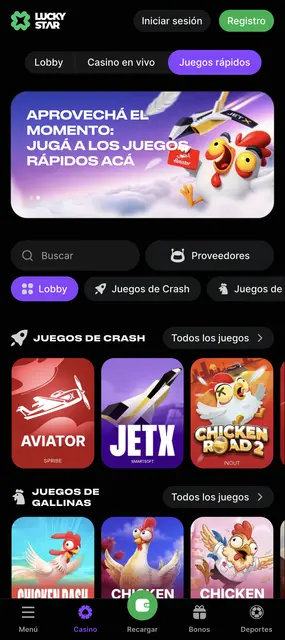 Web móvil de Lucky Star, portada de juegos rápidos con el banner de JetX